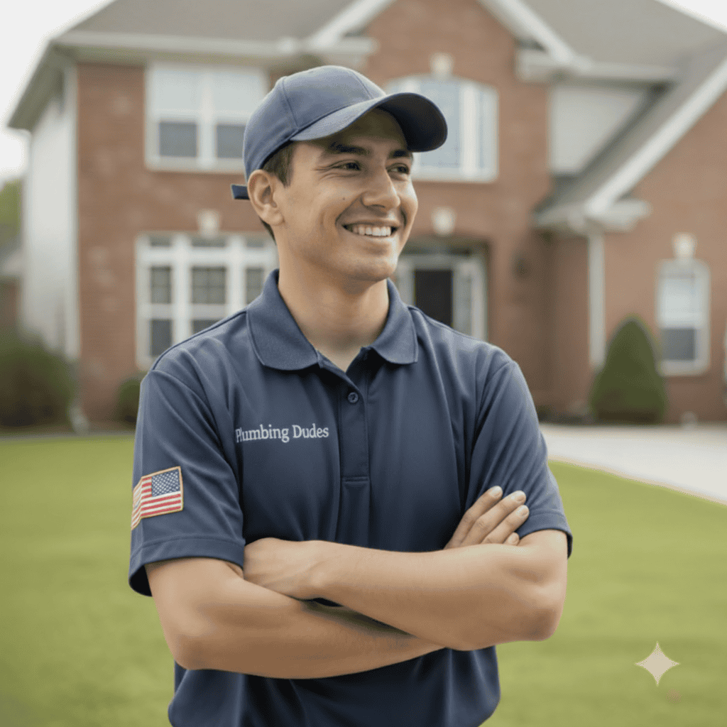 Friendly licensed plumber in branded uniform by service van